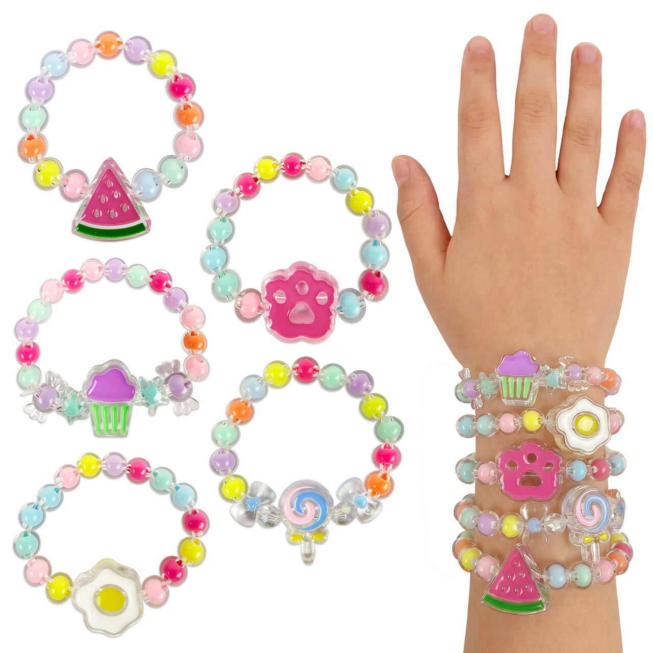 Wrapables Girls Princess Dress-Up Beaded Bracelet Jewelry for Party Favors, Goodie Bags, Birthday Parties (Set of 5), Food